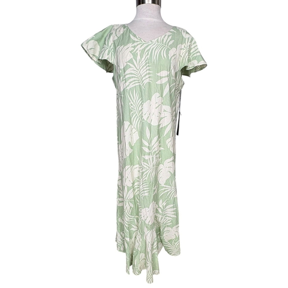 Tori Richard Green Tropical Floral V Neck Flutter Sleeve Maxi Hawaiian Dress